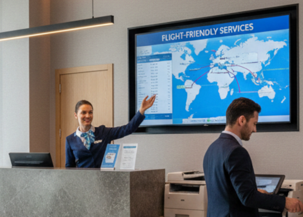 Flight friendly services: pantallas de vuelos en el lobby.